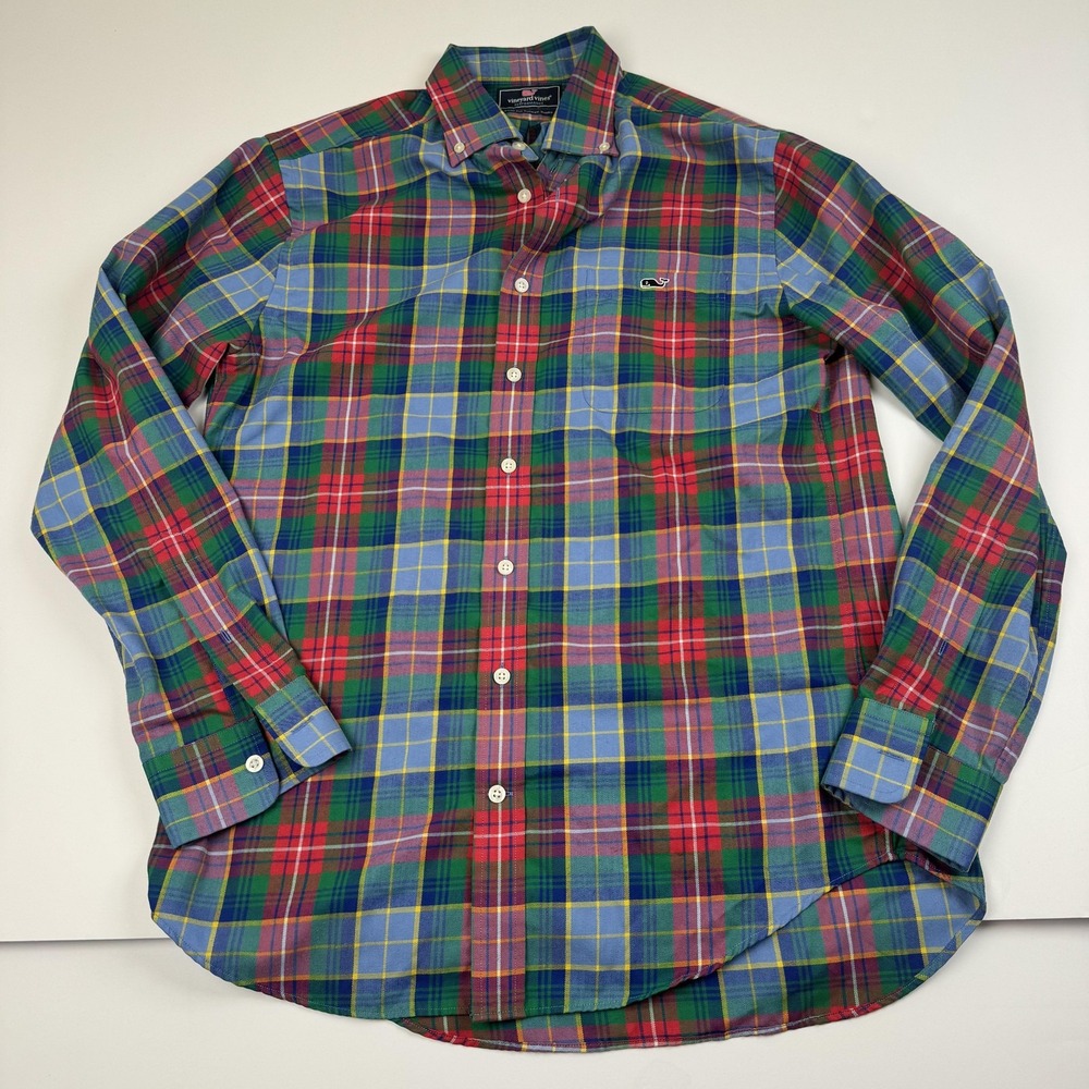 Vineyard Vines Shirt Mens Medium Plaid Slim Fit Tucker Performance Whale Logo